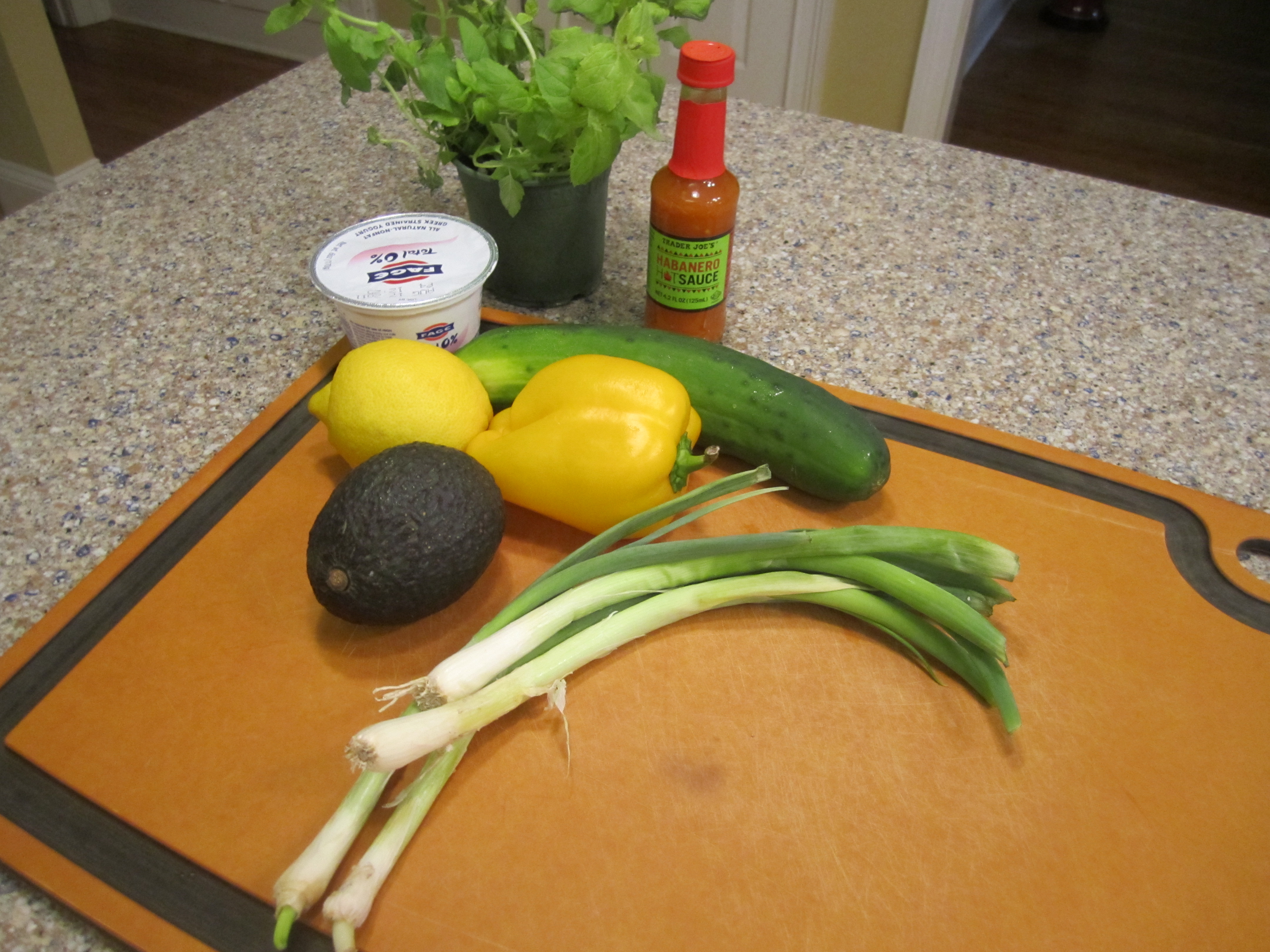 Gathering of the ingredients.  Cucumber, avocado, yellow bell pepper, lemon, green onion, garlic, greek yogurt, mint, and hot sauce.